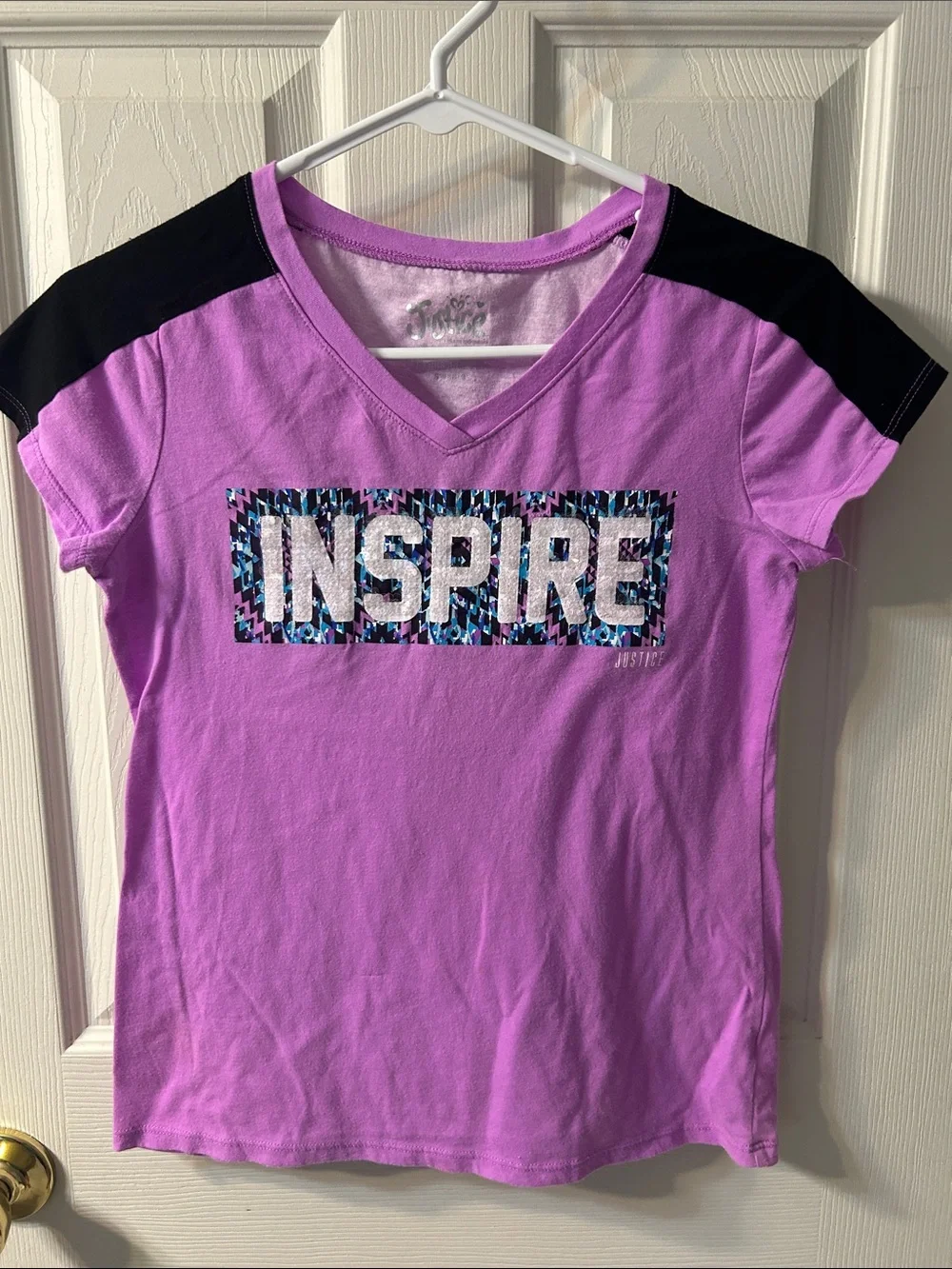 Justice Purple Tee with Black Shoulder Panels and Sequin 'INSPIRE' Graphic